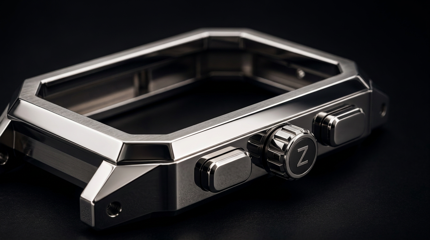 Machined 316L stainless steel ZEITT chassis showing chamfers, pushers and engraved crown