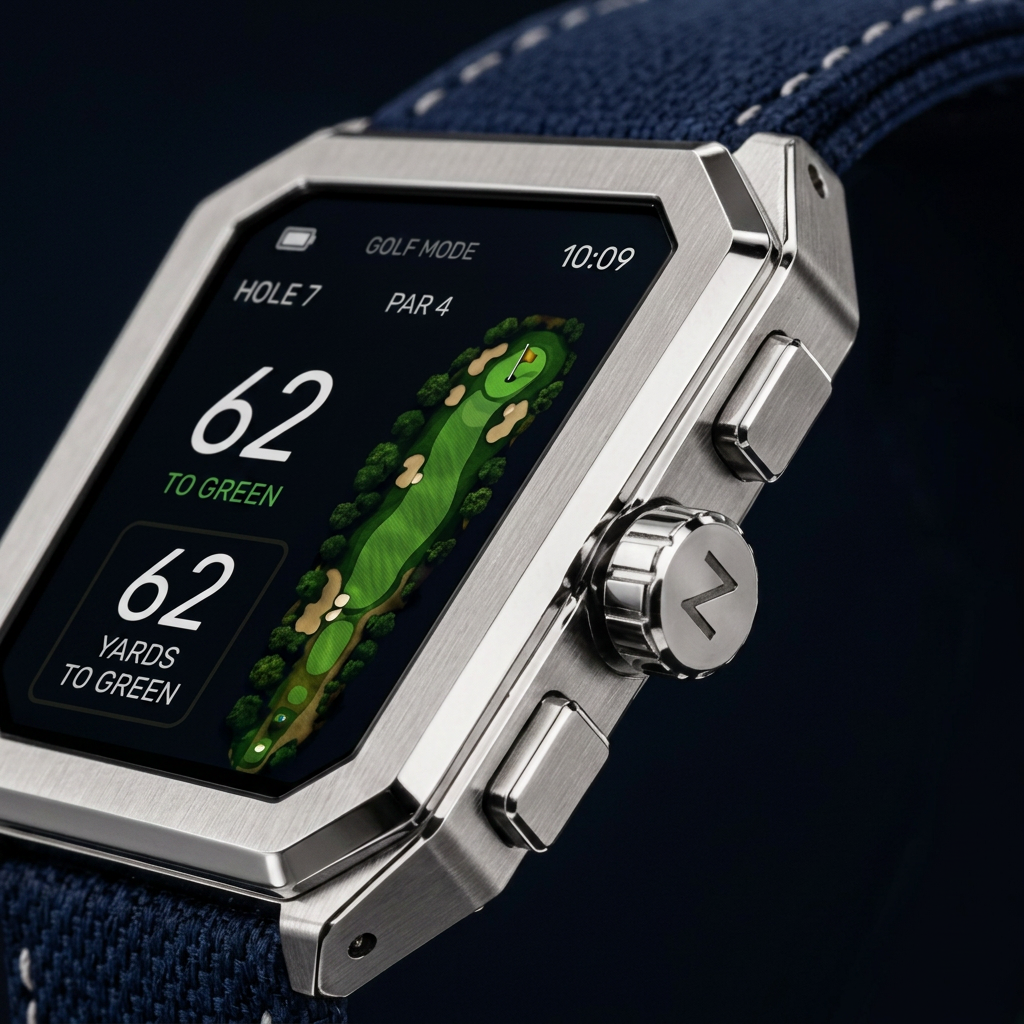 ZEITT stainless steel watch resting at an angle, screen lit