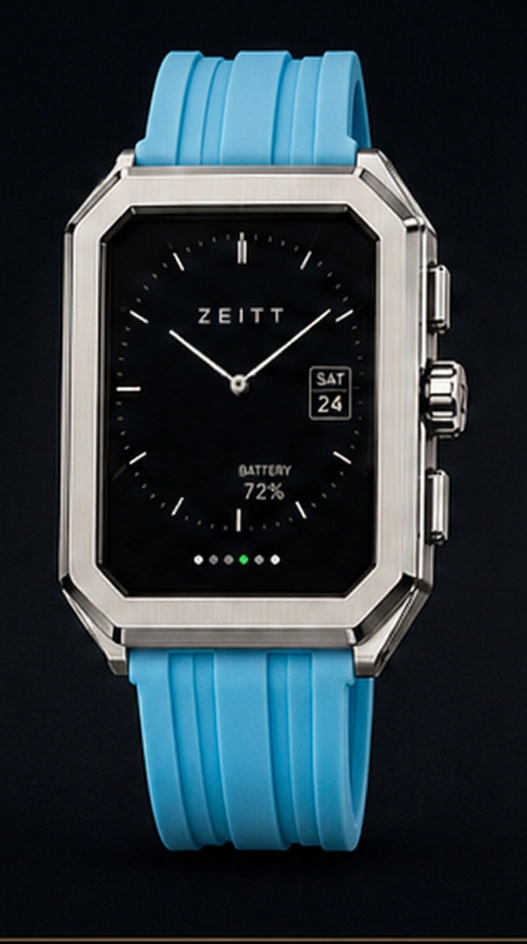 ZEITT watch fitted with the Glacier Blue Rubber strap